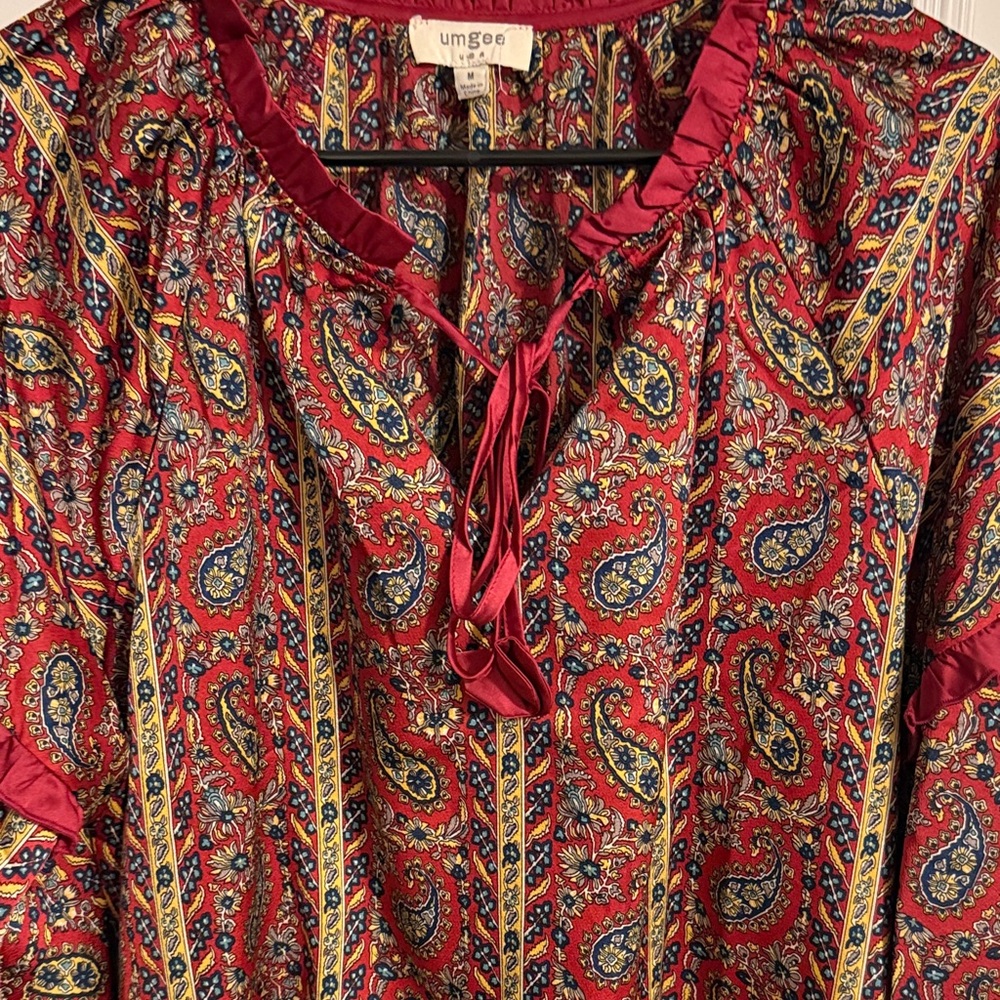Umgee Burgundy Paisley Ruffle Tie-Neck Blouse